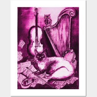 MUSICAL CAT AND OWL WITH MUSIC INSTRUMENTS In Pink Fuchsia Purple White Colors Posters and Art